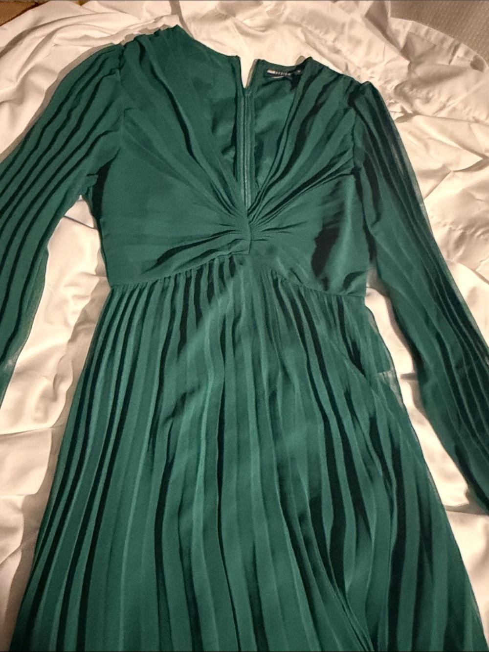 ASOS Emerald Green Pleated Long-Sleeve Dress